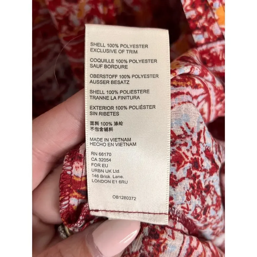 Free People Lorraine Tiered Tie Front Kimono Blouse Top Red/Yellow Womens Size M